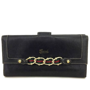 Authentic GUCCI Webbing Black Leather Bifold Long Wallet /1C2468